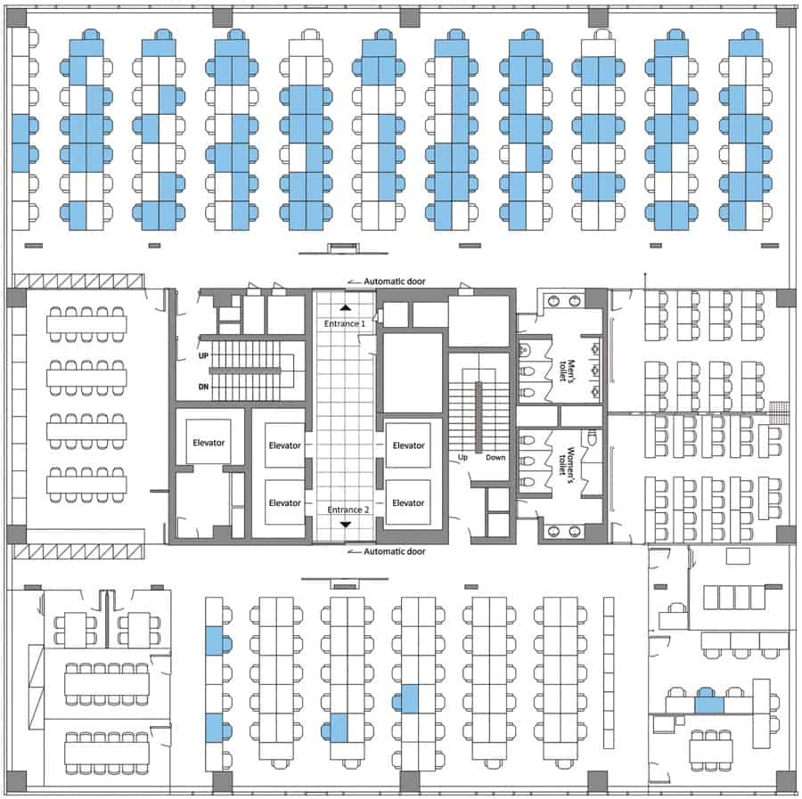 Floor plan of the 11th floor of building X, site of a coronavirus disease outbreak, Seoul, South Korea, 2020. Blue coloring indicates the seating places of persons with confirmed cases.